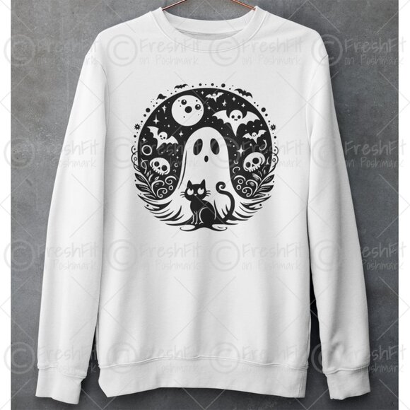 🆕Cat & Ghost Halloween Fleece Crew Sweatshirt White - Picture 1 of 2